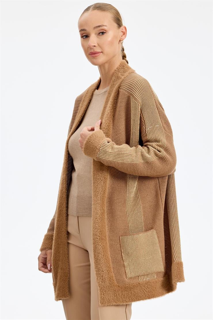 Sim ip Detaylı Triko Hırka CAMEL GOLD