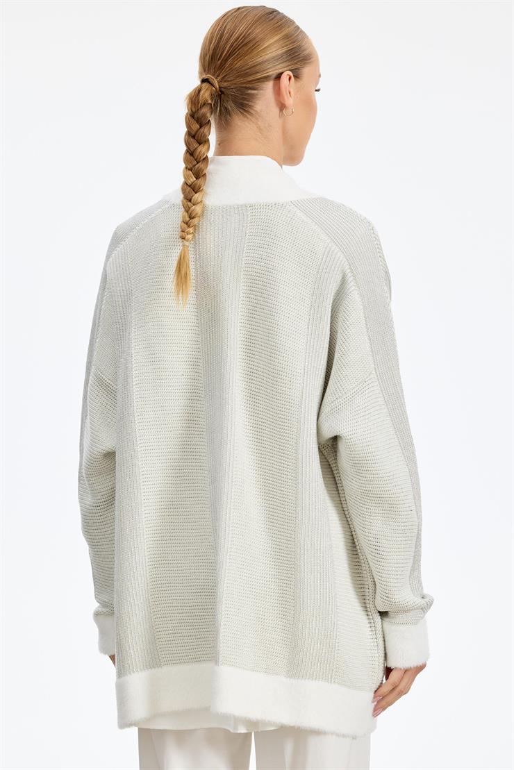 Sim ip Detaylı Triko Hırka EKRU-GÜMÜŞ