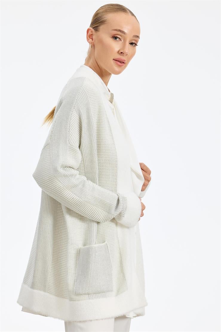 Sim ip Detaylı Triko Hırka EKRU-GÜMÜŞ