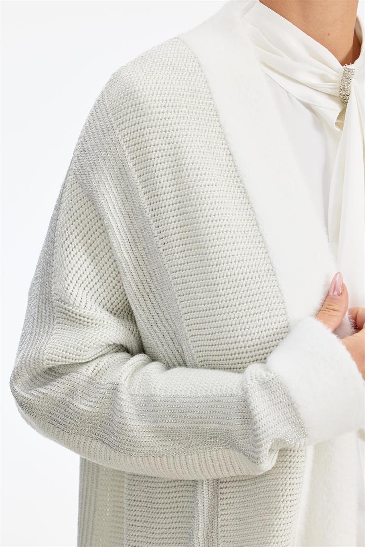 Sim ip Detaylı Triko Hırka EKRU-GÜMÜŞ