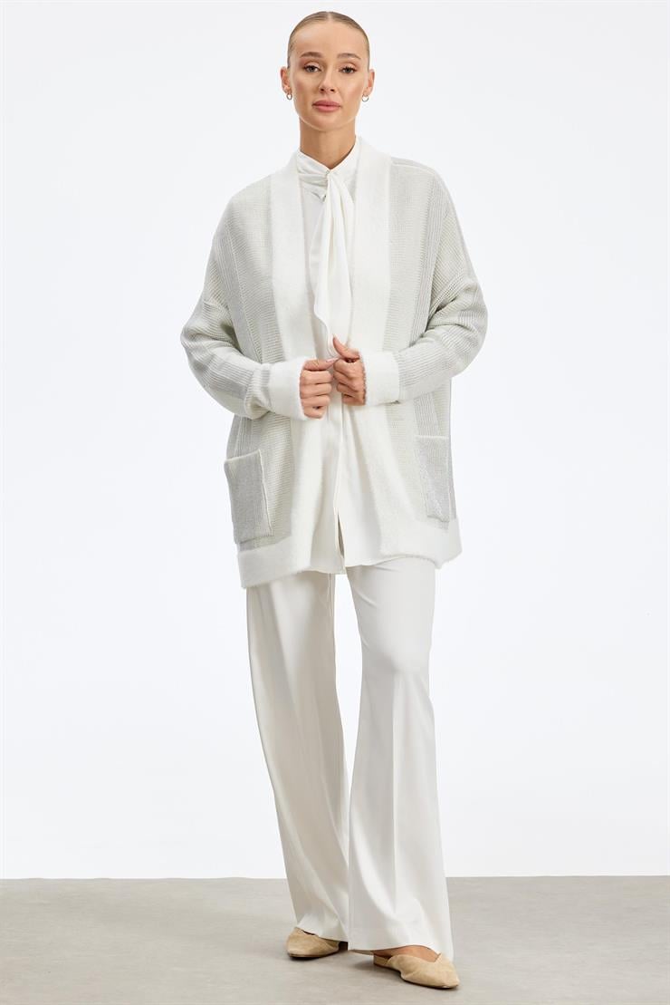 Sim ip Detaylı Triko Hırka EKRU-GÜMÜŞ