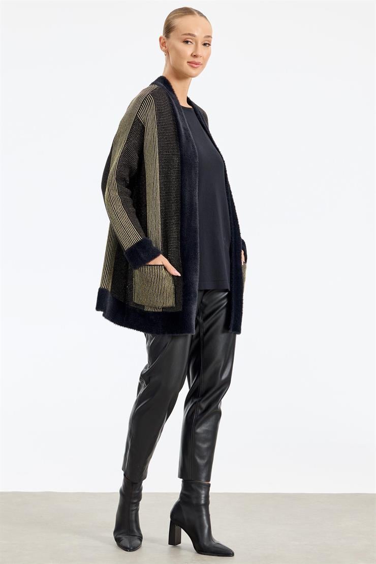 Sim ip Detaylı Triko Hırka SİYAH-GOLD