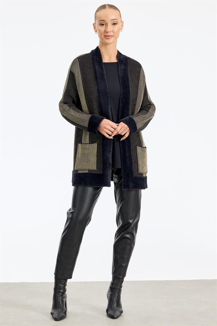 Sim ip Detaylı Triko Hırka SİYAH-GOLD