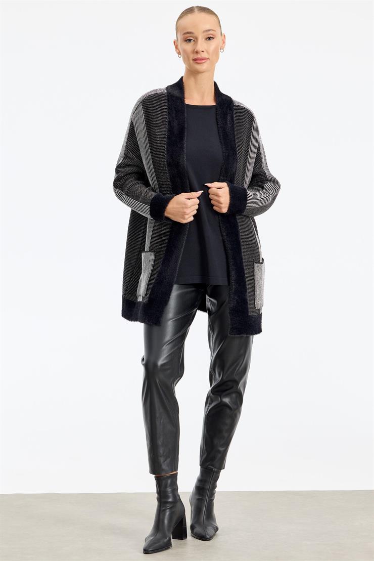 Sim ip Detaylı Triko Hırka SİYAH-GÜMÜŞ