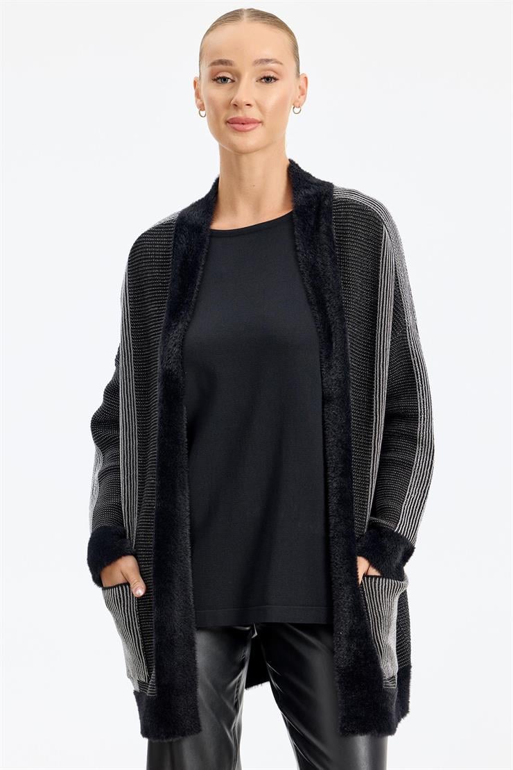 Sim ip Detaylı Triko Hırka SİYAH-GÜMÜŞ