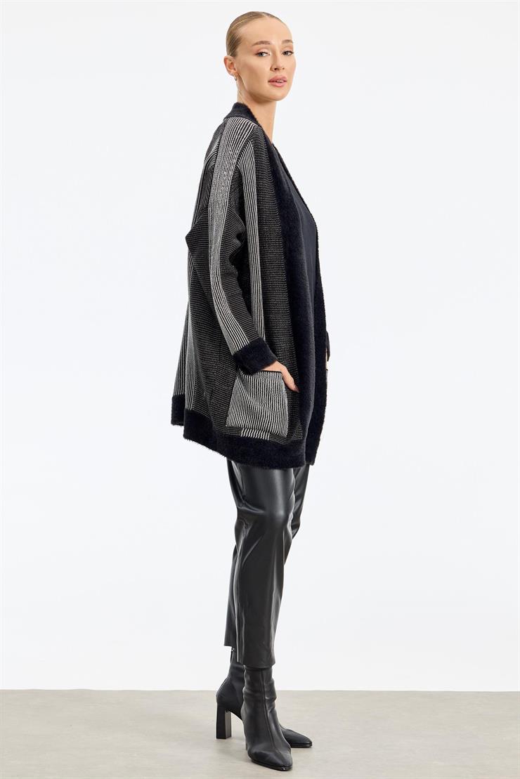 Sim ip Detaylı Triko Hırka SİYAH-GÜMÜŞ