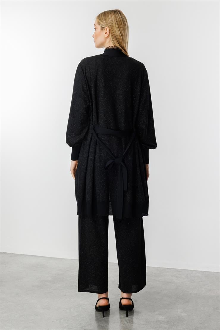 Simli Püskül Bantlı Hırka-SİYAH