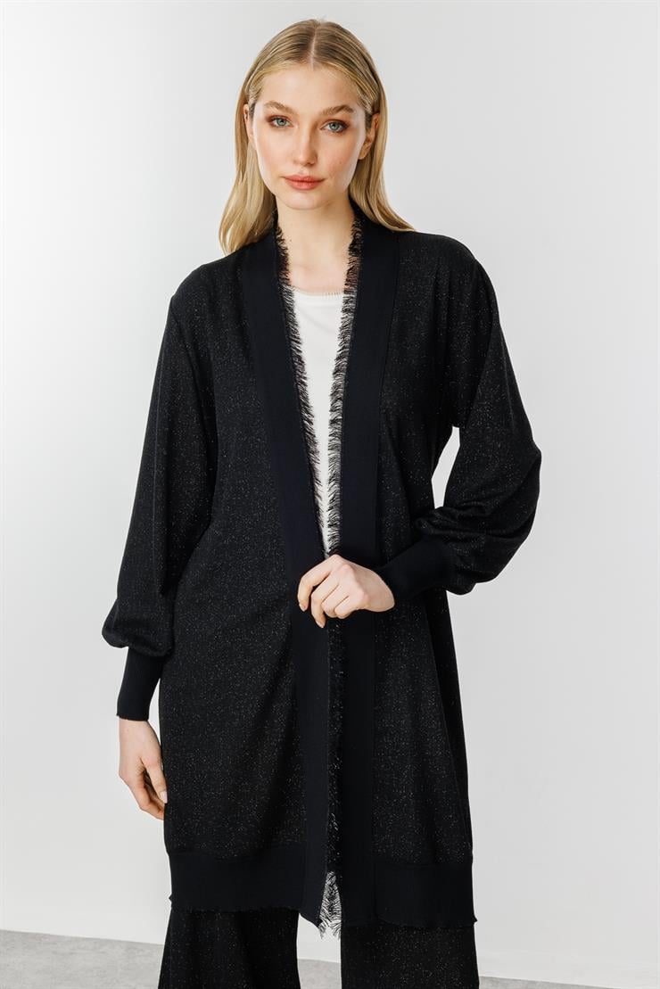 Simli Püskül Bantlı Hırka-SİYAH