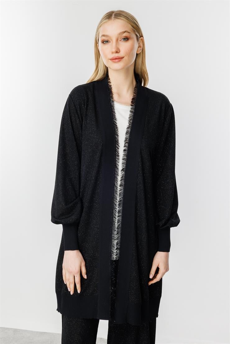 Simli Püskül Bantlı Hırka-SİYAH