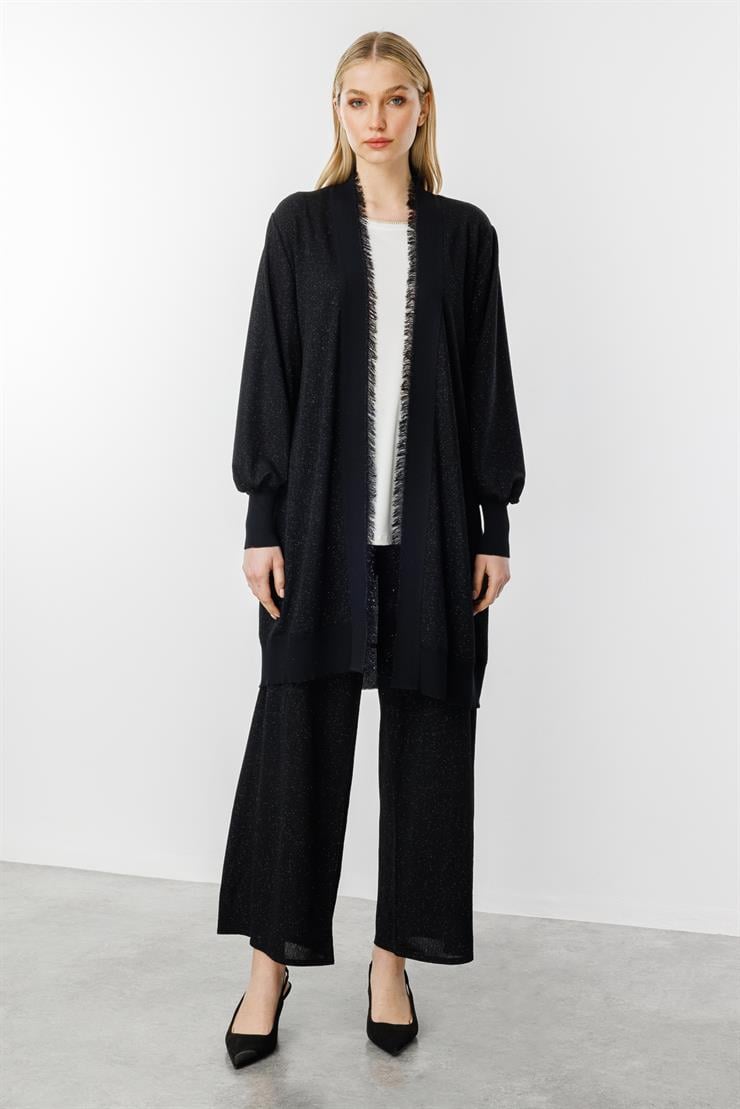 Simli Püskül Bantlı Hırka-SİYAH