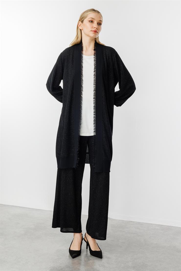 Simli Püskül Bantlı Hırka-SİYAH