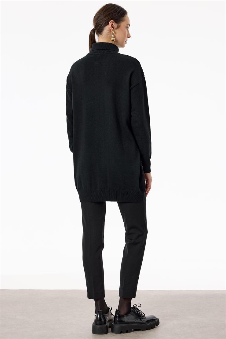 Şönil Saç Örgü Süslemeli Balıkçı Yaka Tunik SİYAH