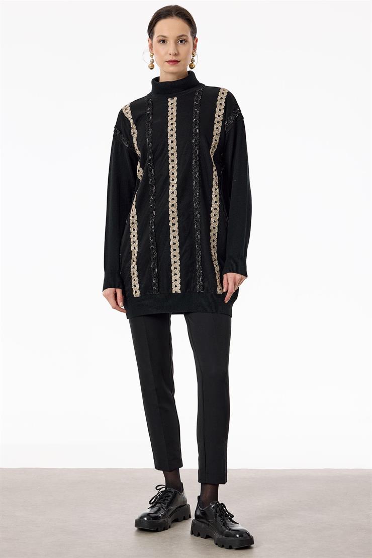 Şönil Saç Örgü Süslemeli Balıkçı Yaka Tunik SİYAH