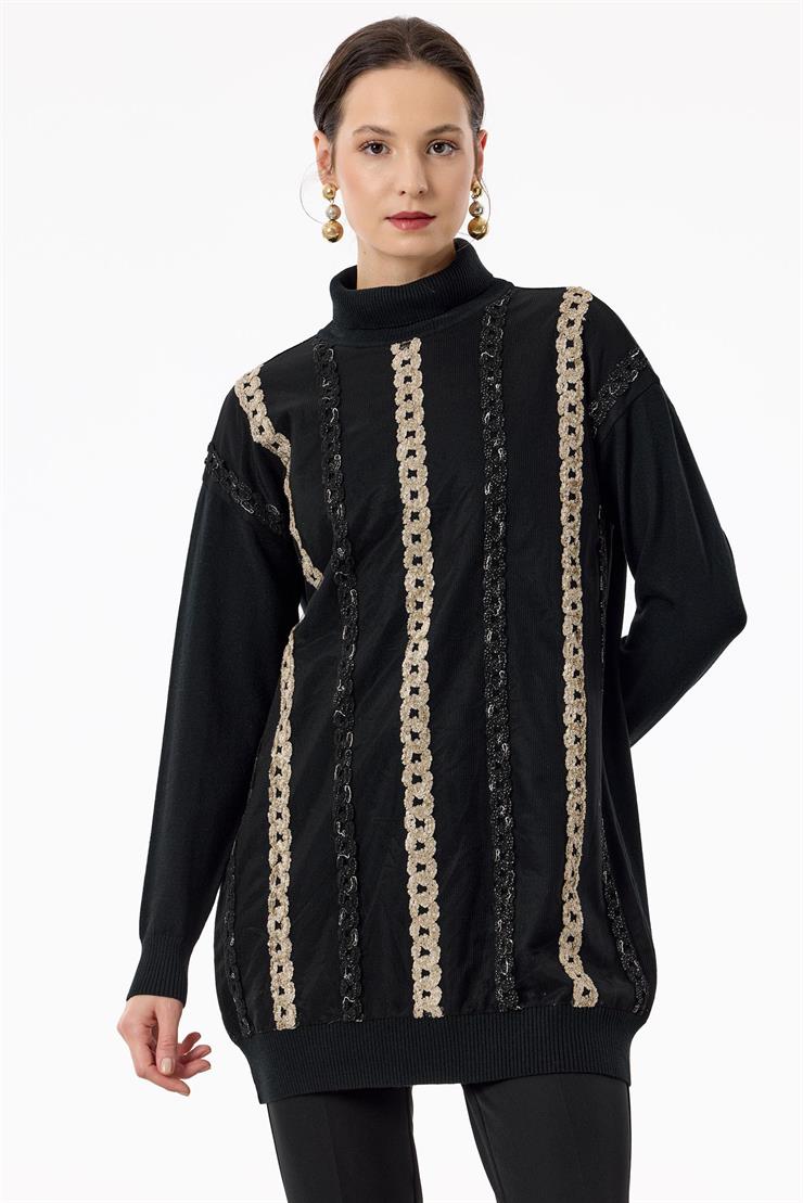 Şönil Saç Örgü Süslemeli Balıkçı Yaka Tunik SİYAH