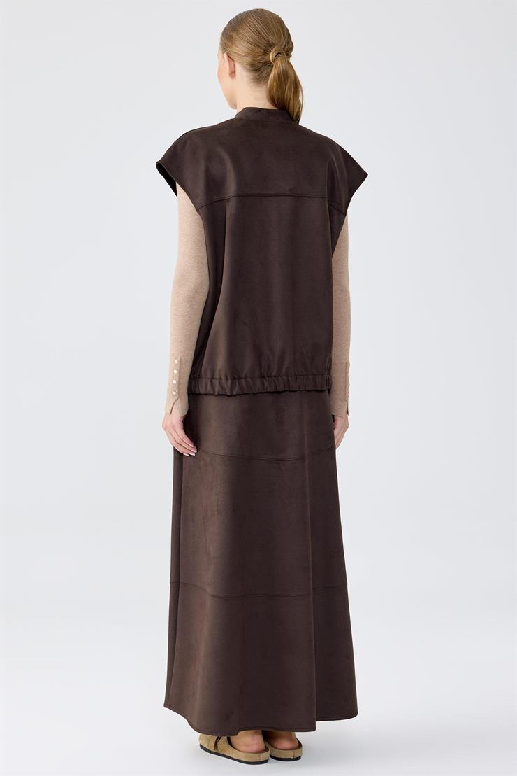 Süet Yelek Kloş Etek Takım KAHVE