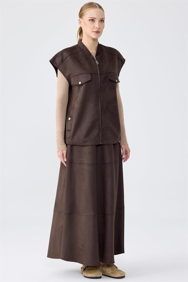 Süet Yelek Kloş Etek Takım KAHVE