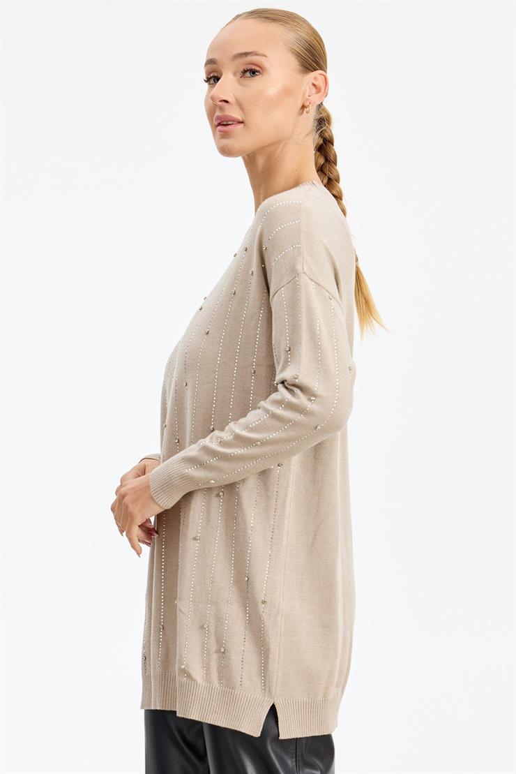 Suyolu Taş Baskılı Triko Tunik BEJ