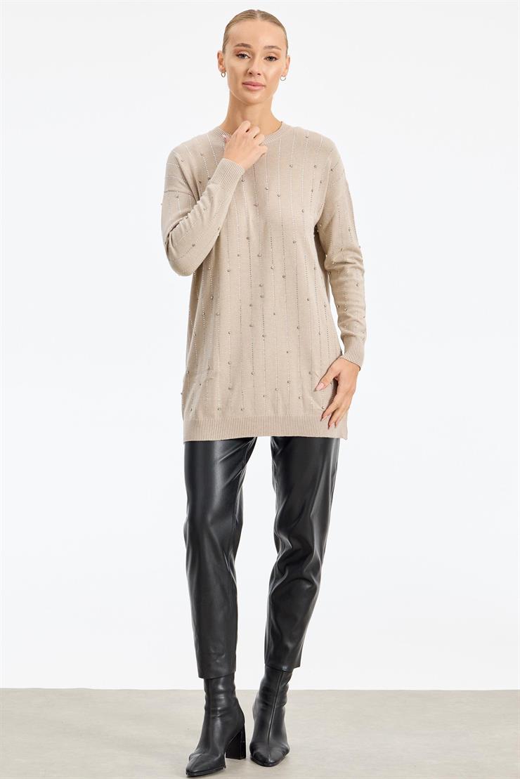 Suyolu Taş Baskılı Triko Tunik BEJ