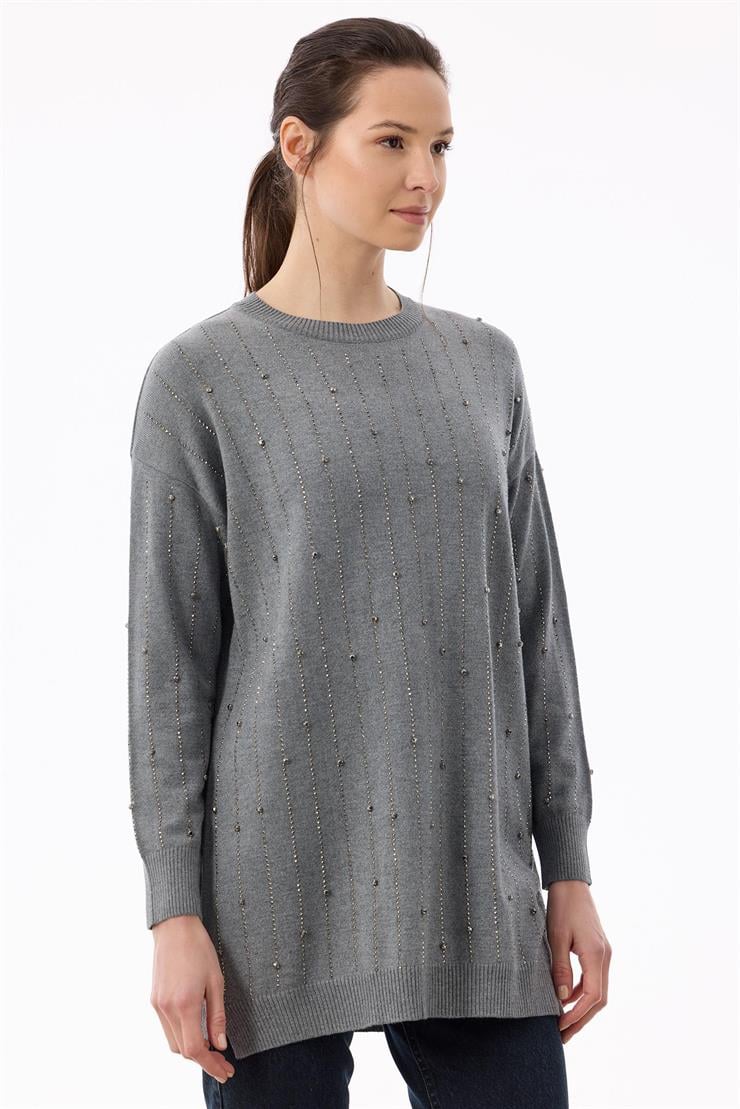 Suyolu Taş Baskılı Triko Tunik GRİ