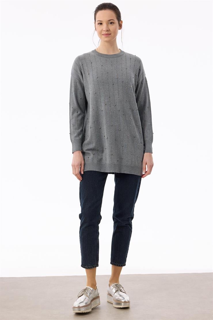 Suyolu Taş Baskılı Triko Tunik GRİ