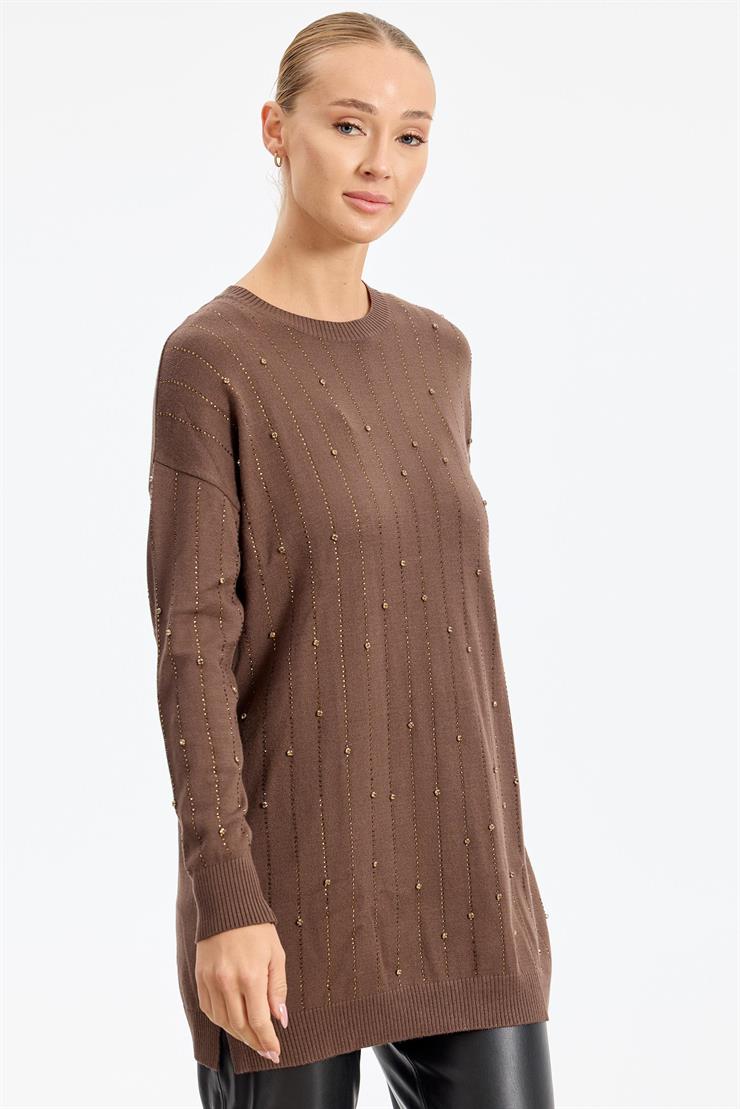 Suyolu Taş Baskılı Triko Tunik KAHVE