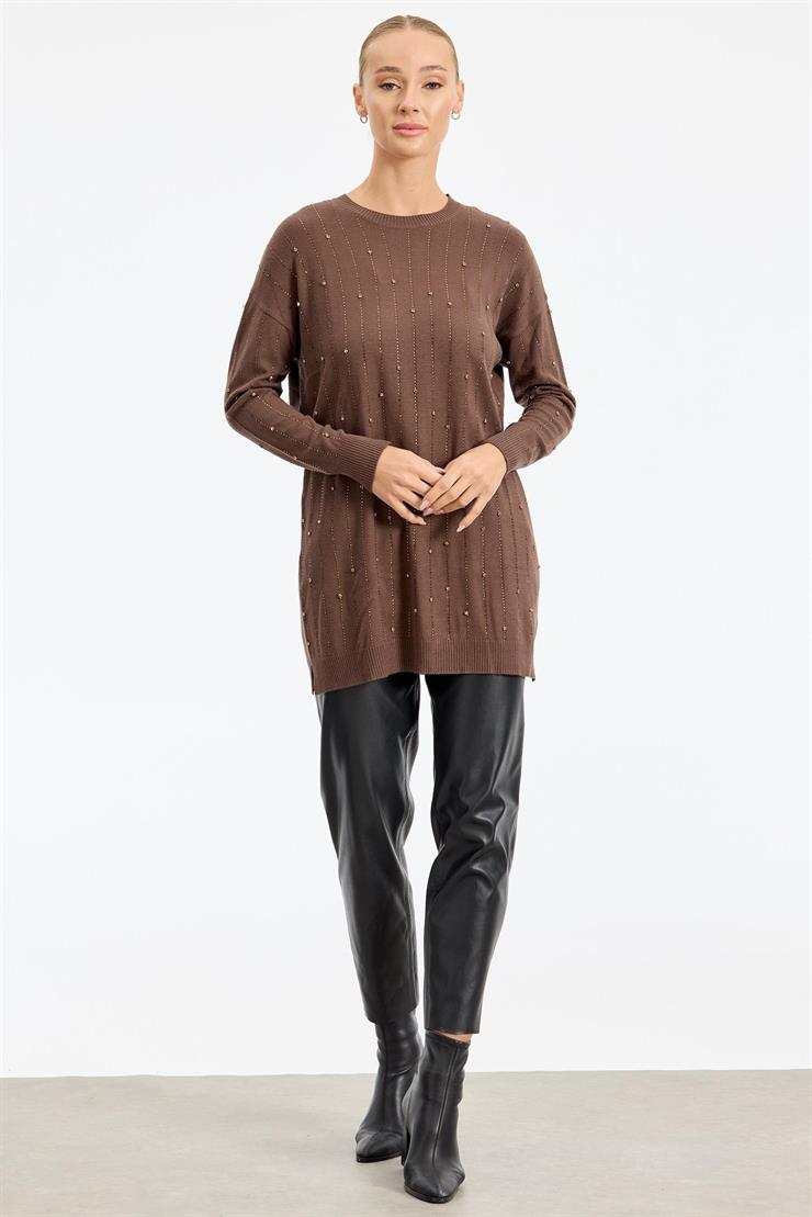 Suyolu Taş Baskılı Triko Tunik KAHVE