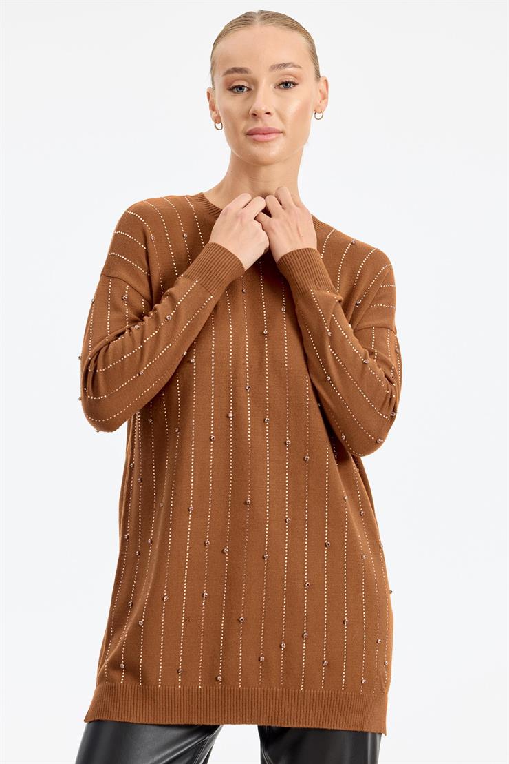 Suyolu Taş Baskılı Triko Tunik KİREMİT