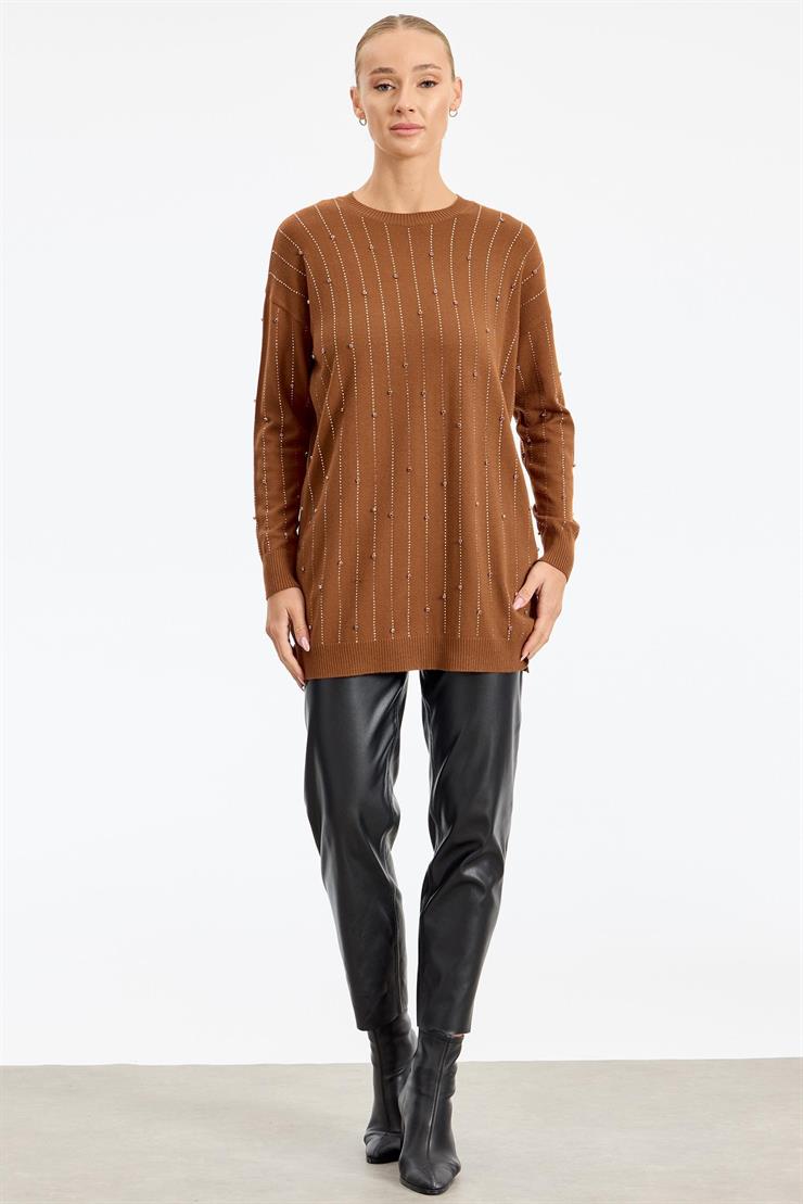 Suyolu Taş Baskılı Triko Tunik KİREMİT