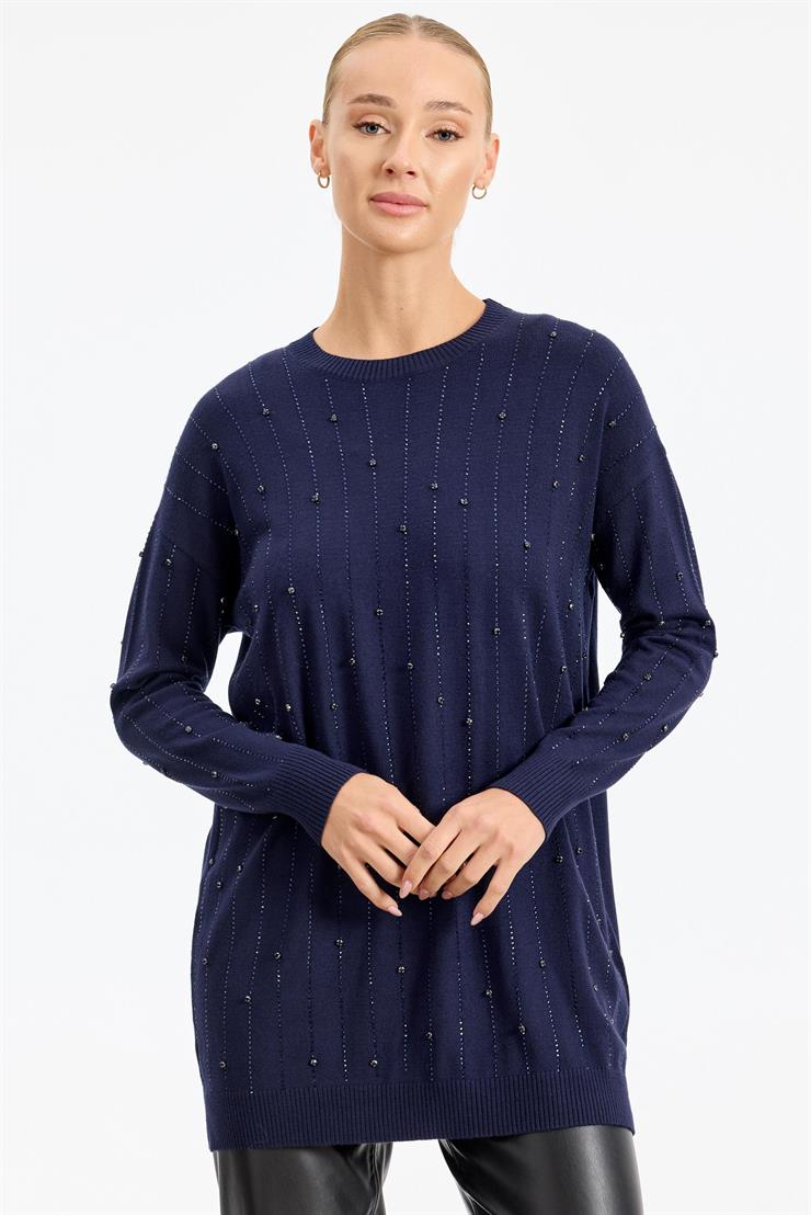 Suyolu Taş Baskılı Triko Tunik LACİVERT