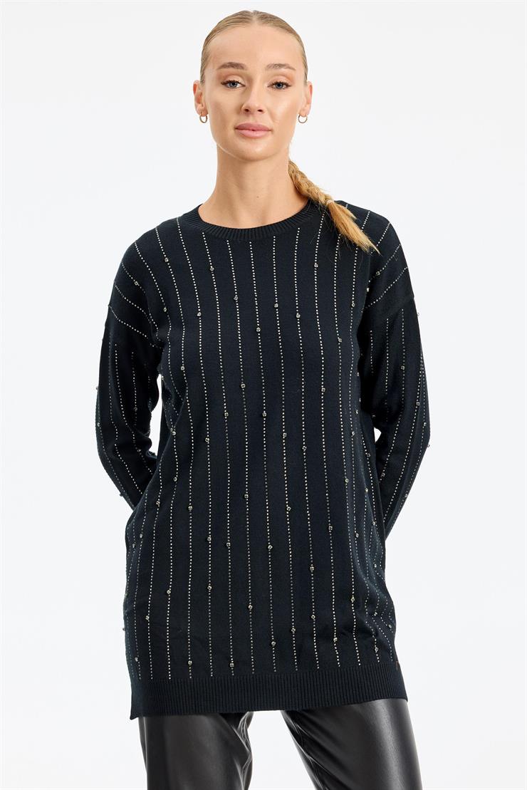 Suyolu Taş Baskılı Triko Tunik SİYAH