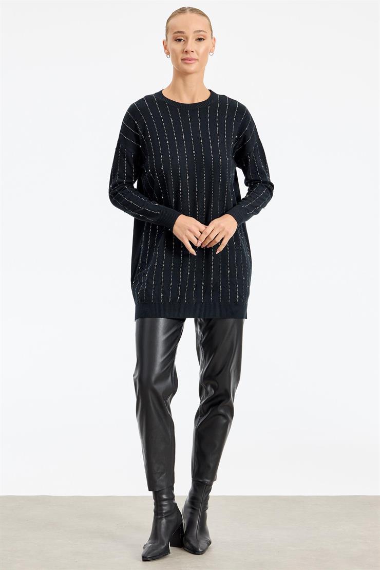 Suyolu Taş Baskılı Triko Tunik SİYAH