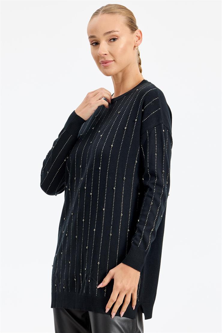 Suyolu Taş Baskılı Triko Tunik SİYAH