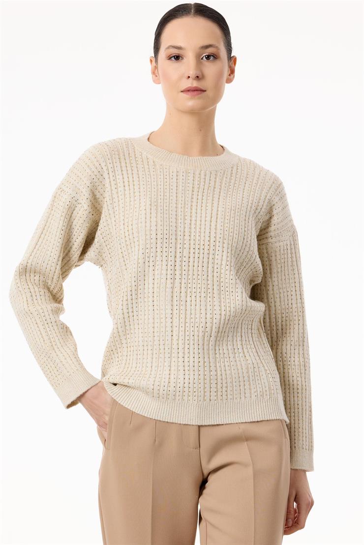 Taş Baskılı Fitilli Triko Tunik BEJ