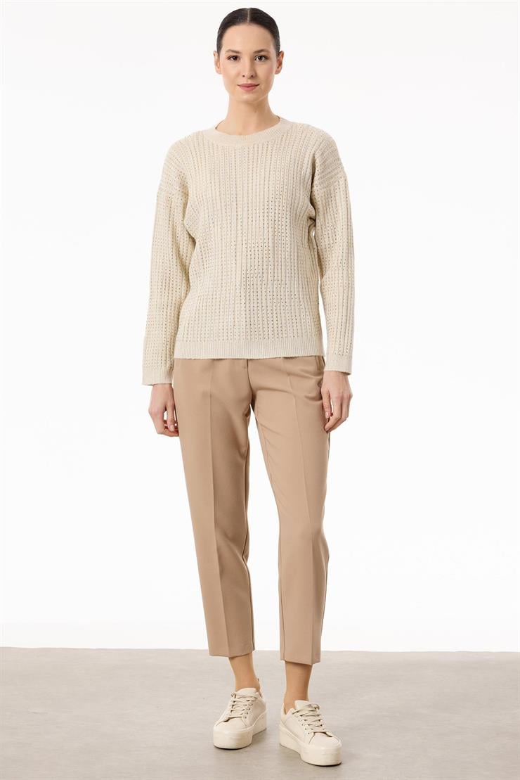 Taş Baskılı Fitilli Triko Tunik BEJ