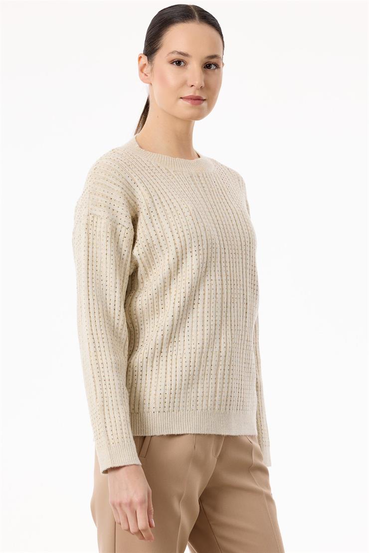 Taş Baskılı Fitilli Triko Tunik BEJ