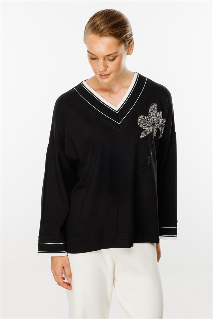 Taş Detaylı Ribanalı Bluz-SİYAH