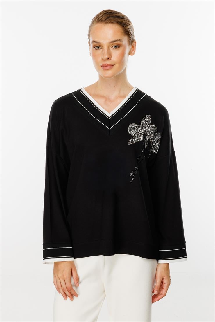 Taş Detaylı Ribanalı Bluz-SİYAH