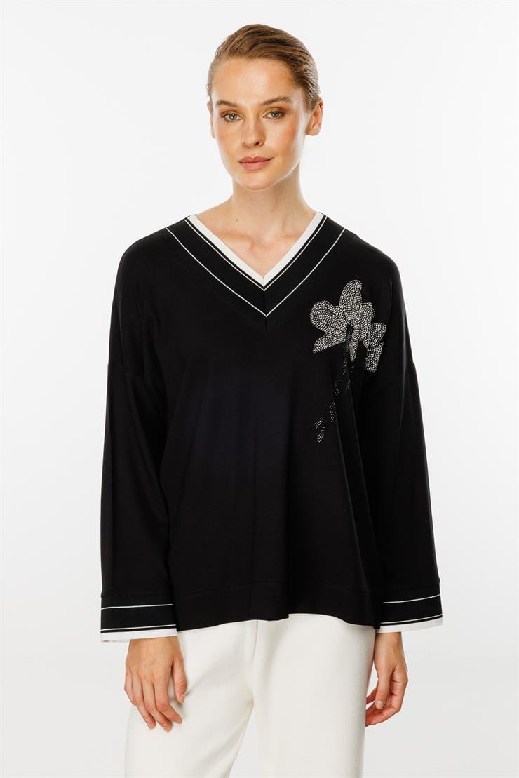 Taş Detaylı Ribanalı Bluz-SİYAH