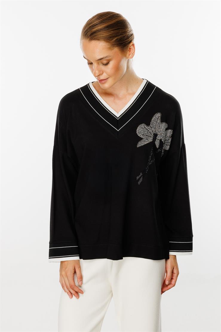 Taş Detaylı Ribanalı Bluz-SİYAH