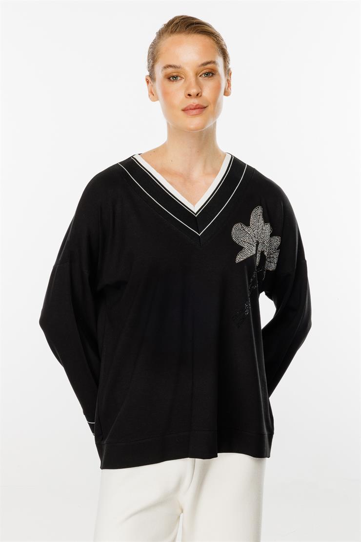 Taş Detaylı Ribanalı Bluz-SİYAH