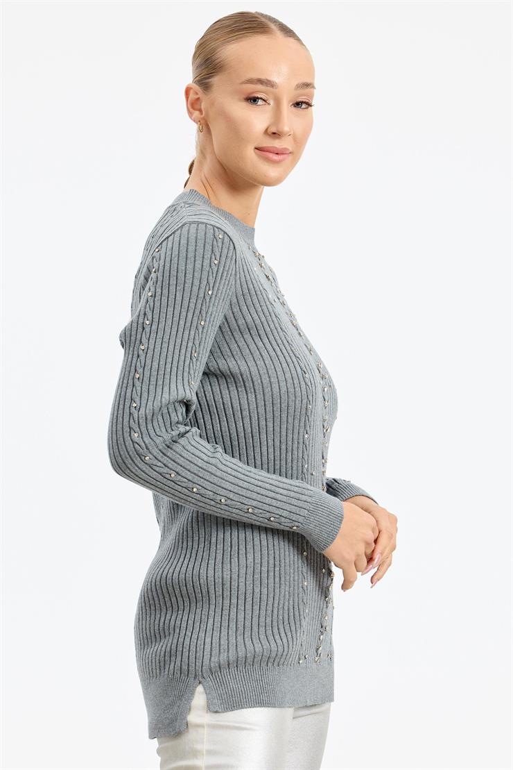 Taş Detaylı Saç Örgülü Tunik GRİ MELANJ