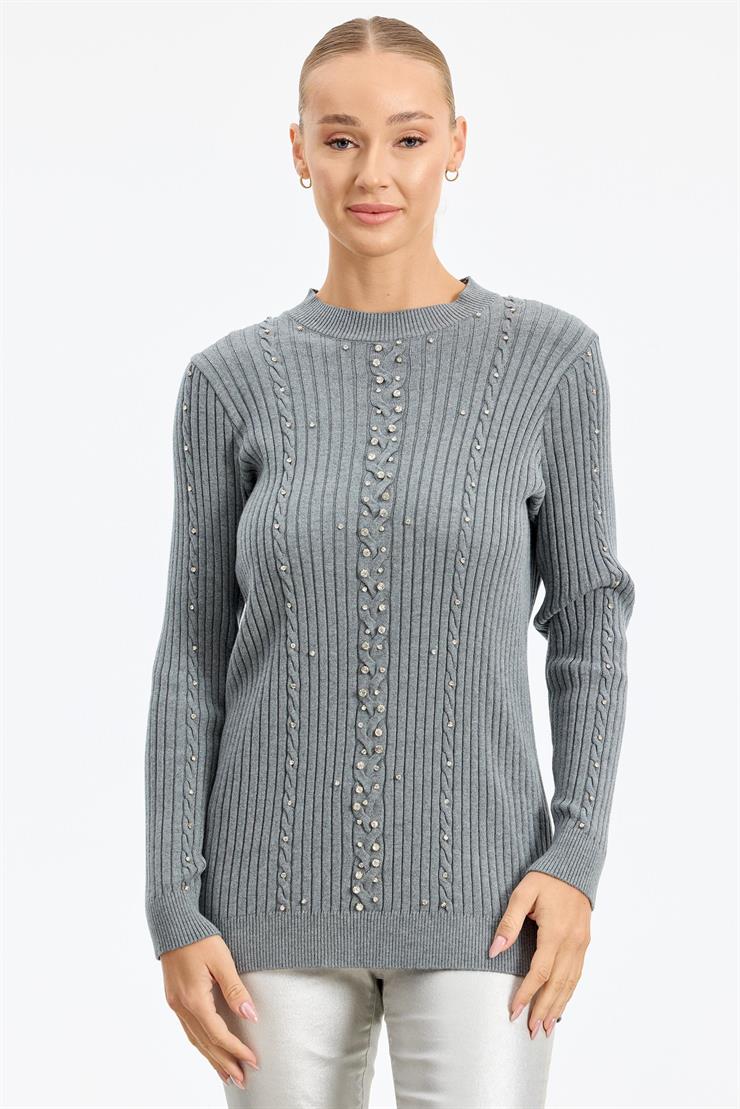 Taş Detaylı Saç Örgülü Tunik GRİ MELANJ