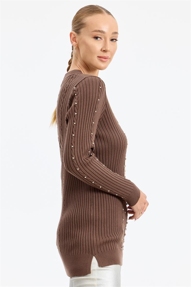 Taş Detaylı Saç Örgülü Tunik KAHVE