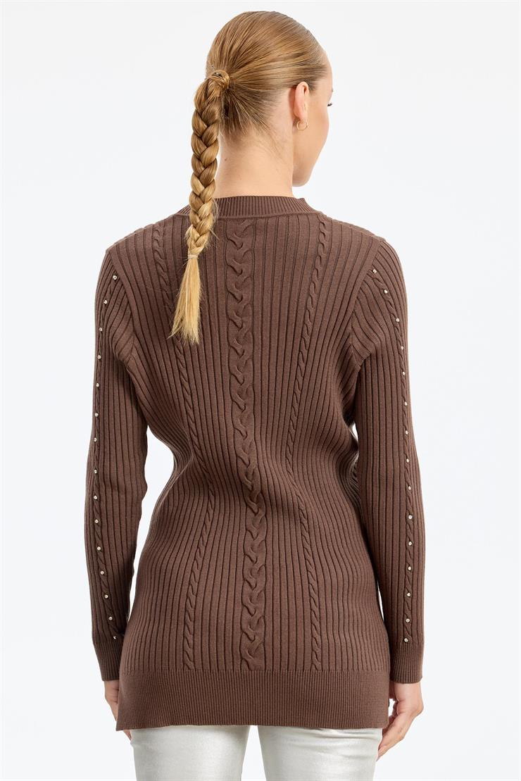 Taş Detaylı Saç Örgülü Tunik KAHVE