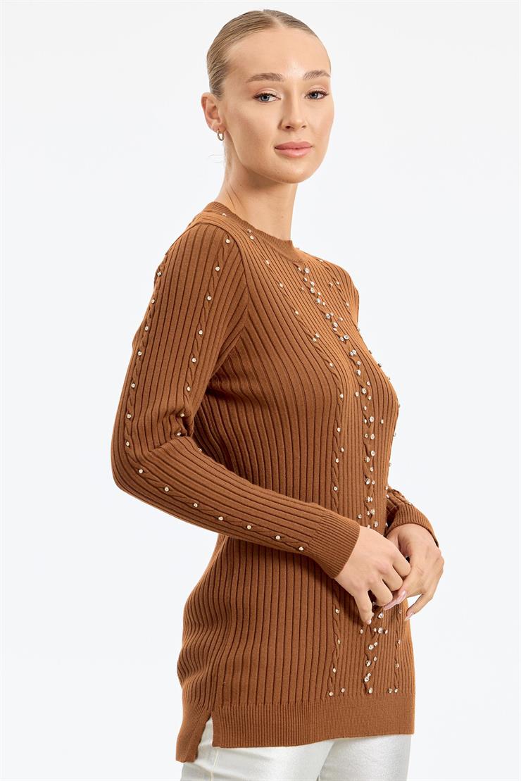 Taş Detaylı Saç Örgülü Tunik KİREMİT