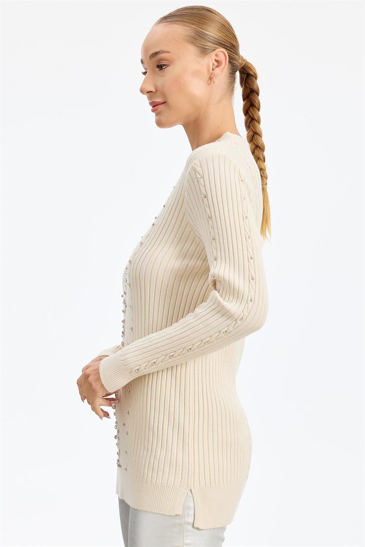 Taş Detaylı Saç Örgülü Tunik VANİLYA