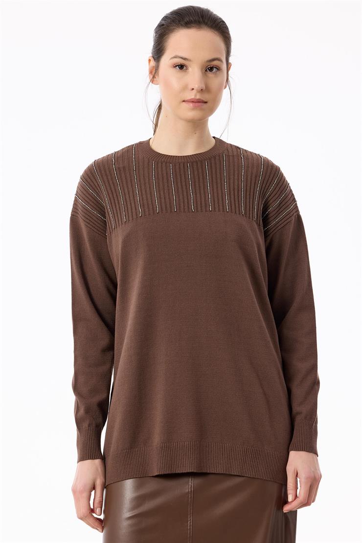 Taş Detaylı Triko Tunik KAHVE