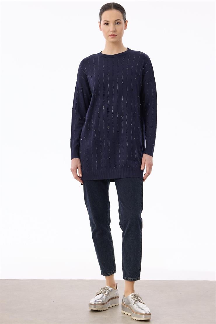 Taş Detaylı Triko Tunik LACİVERT