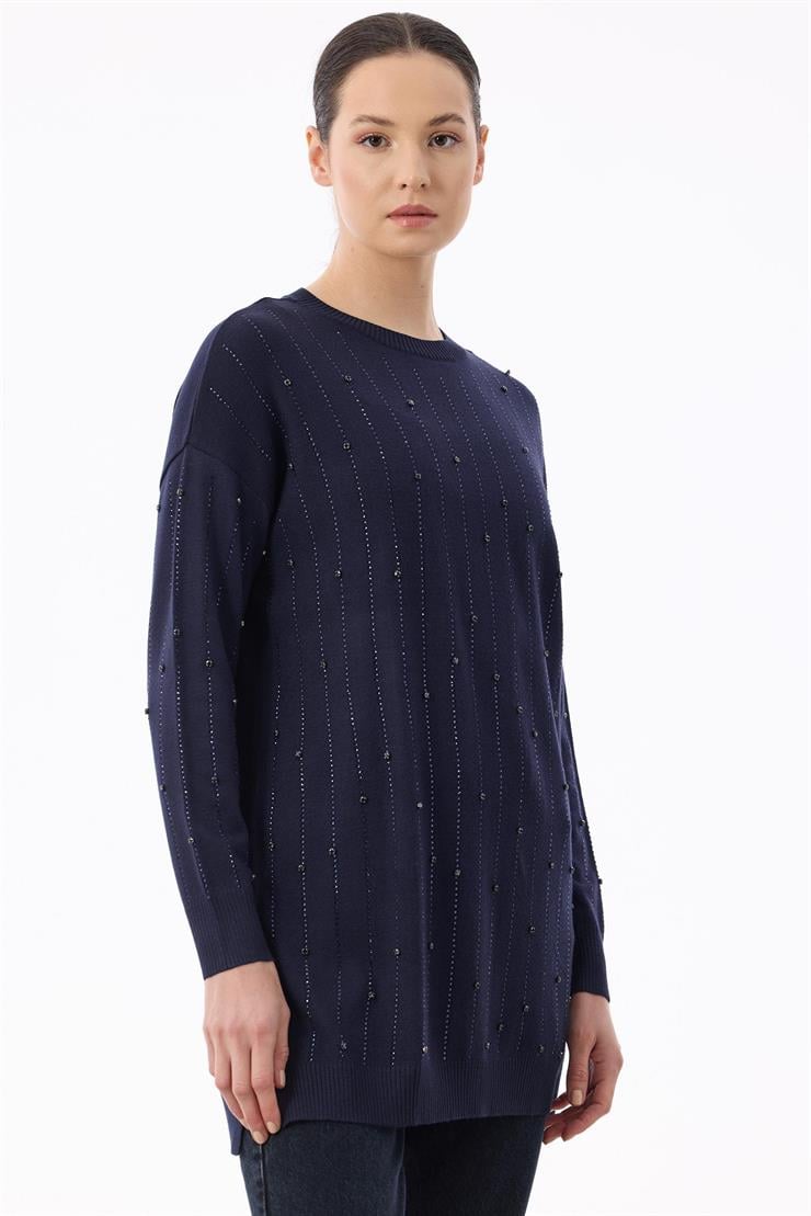 Taş Detaylı Triko Tunik LACİVERT