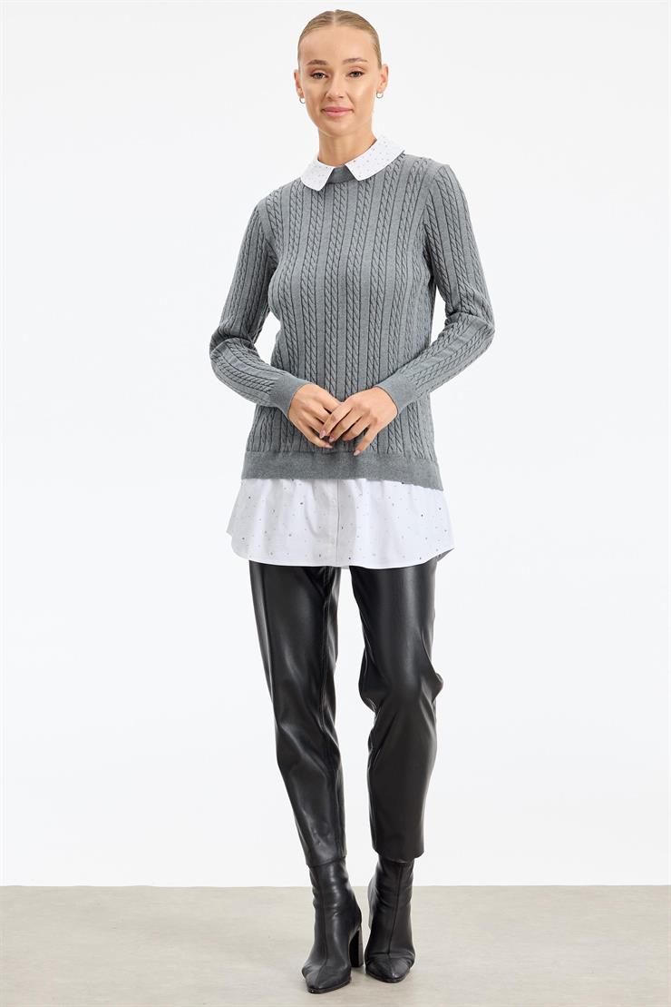 Taş Gömlek Detaylı Tunik GRİ MELANJ